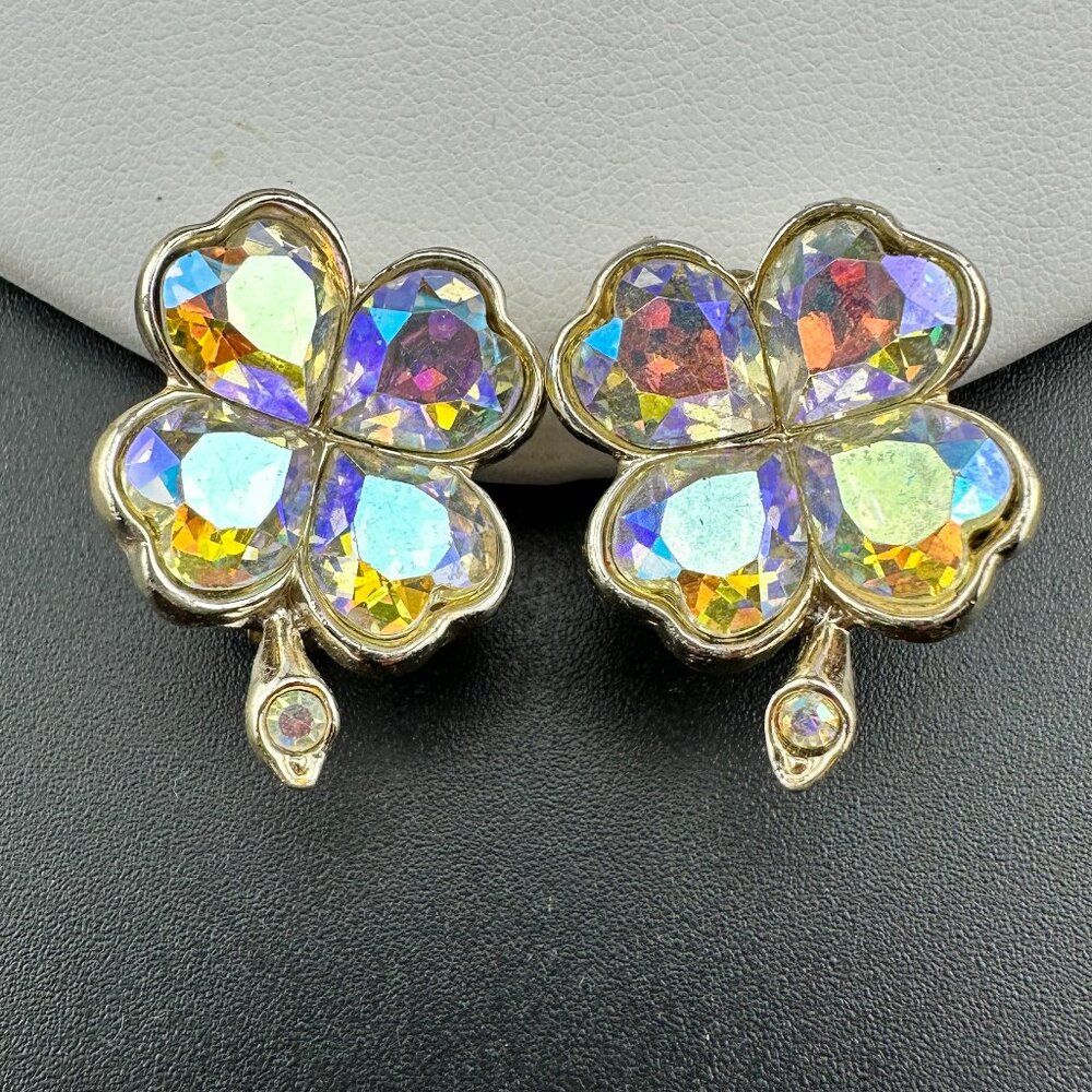 Vintage Weiss Four Leaf Clover Shamrock Clip-On Earrings Heart Shaped Crystals 35$